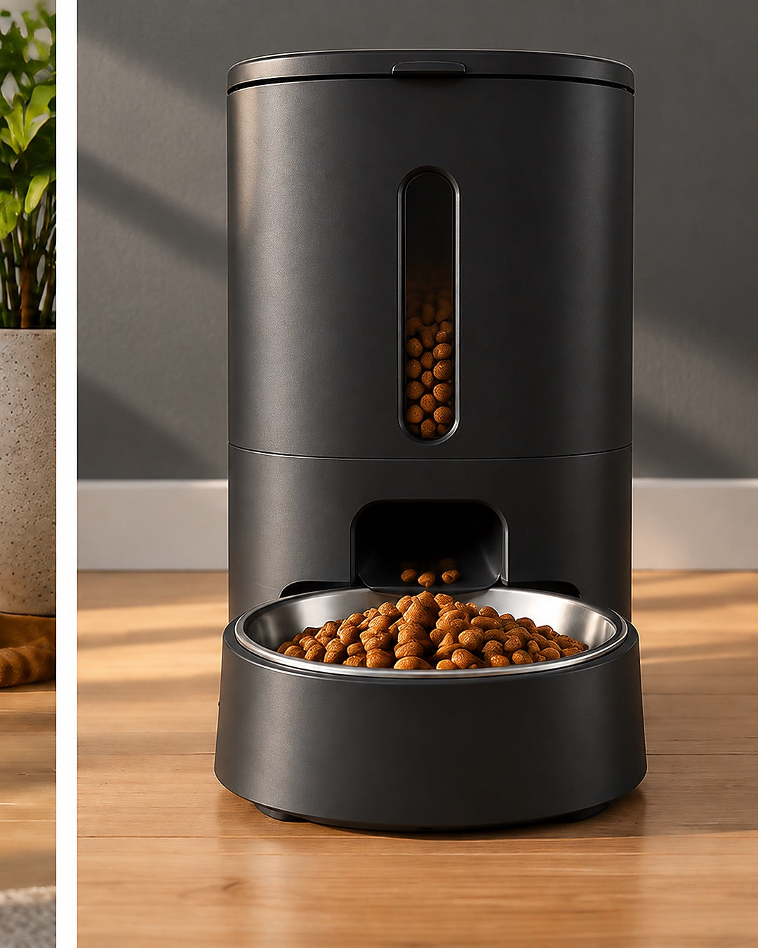 Alimentador automático de ração com tigela de inox e um gato esperando ao lado