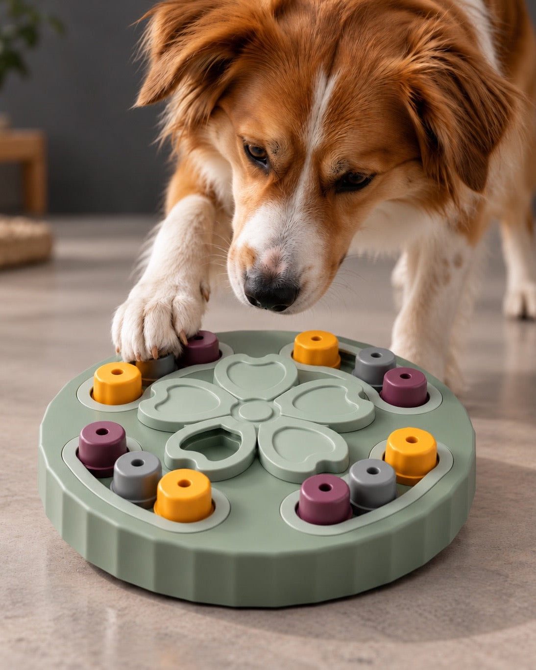 Cão brincando com quebra-cabeça interativo ao lado de um lançador automático de bolas