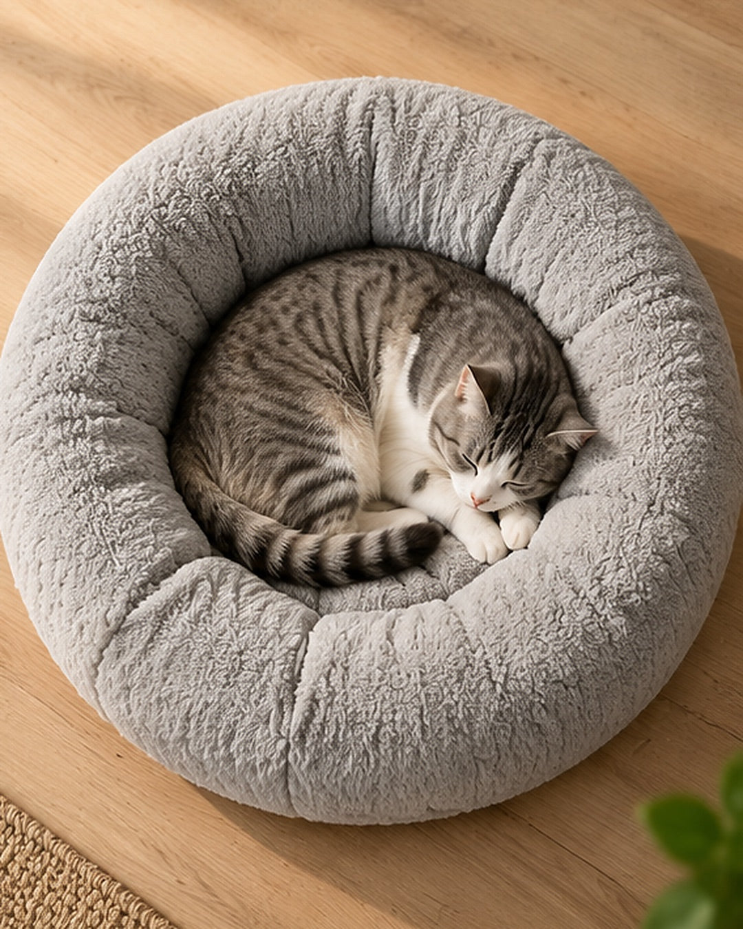 Gato dormindo em uma cama redonda ao lado de uma cama ortopédica para cães