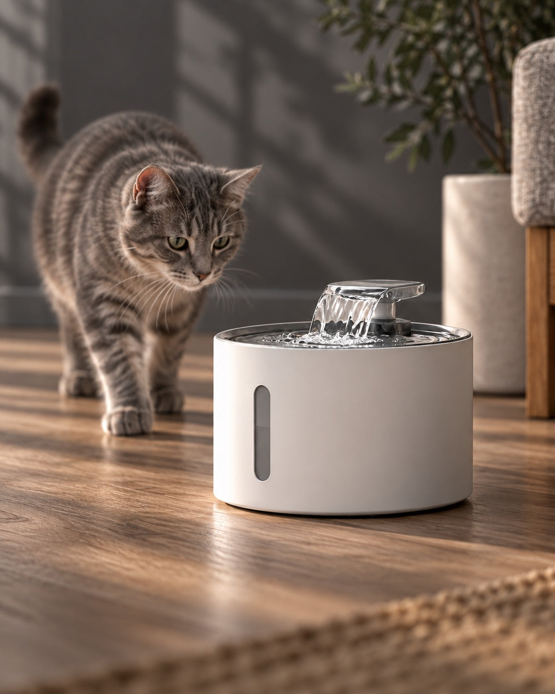 Fonte de água e alimentador automático para pets em uma sala com piso de madeira