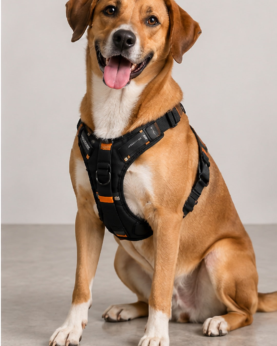 Cão com arnês peitoral ao lado de coleira com LED, tapete de cheirar e garrafa portátil