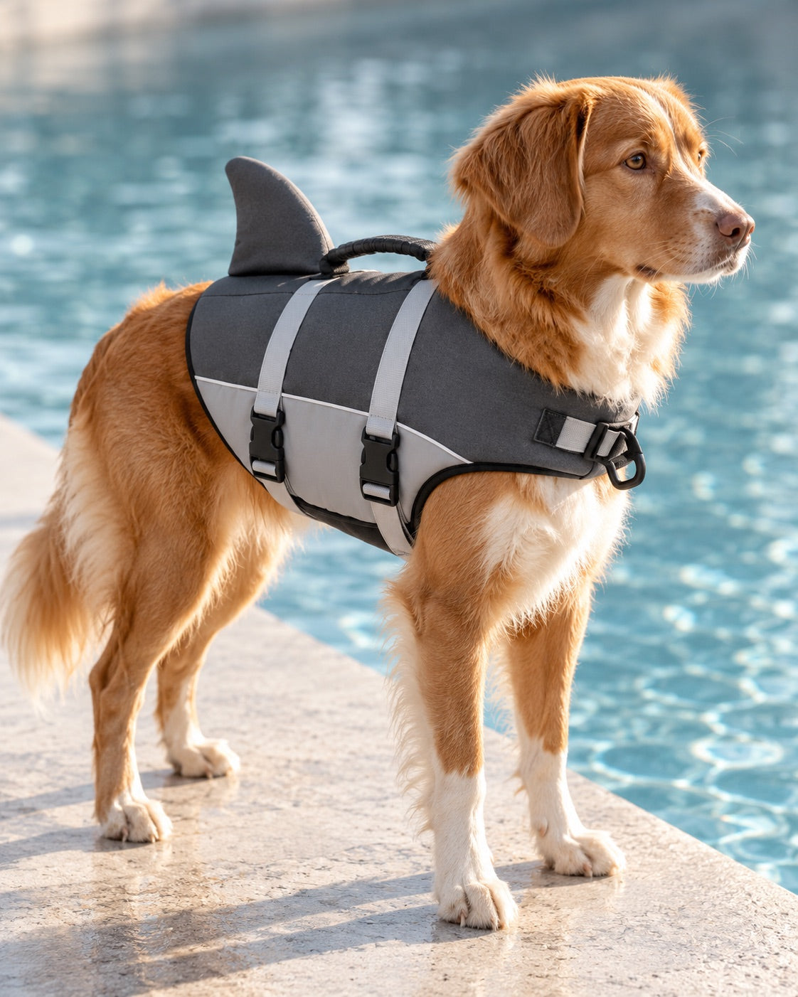 Cão com colete salva-vidas laranja na borda de uma piscina, ao lado de uma capa de chuva