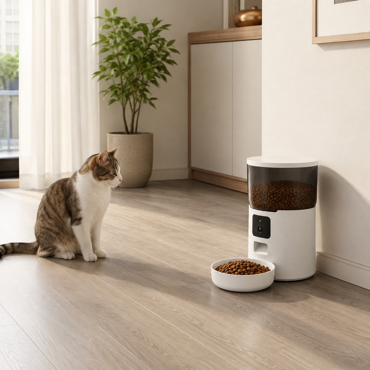 Alimentador Automático com Câmera Wi-Fi 4L em ambiente doméstico, mostrando a escala real