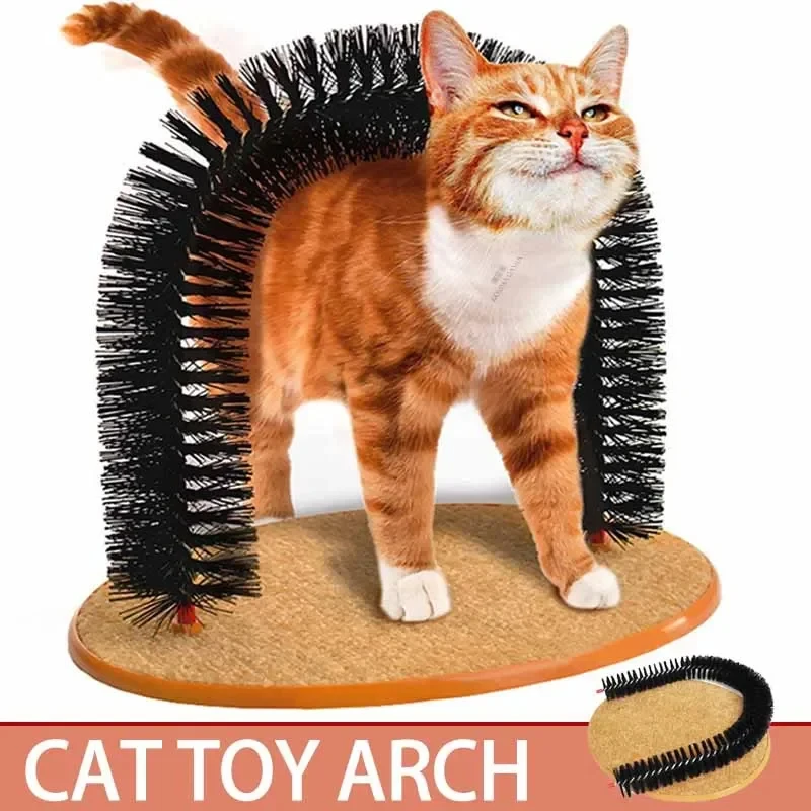 Arco interativo para gatos com escova no topo e base arranhadora.