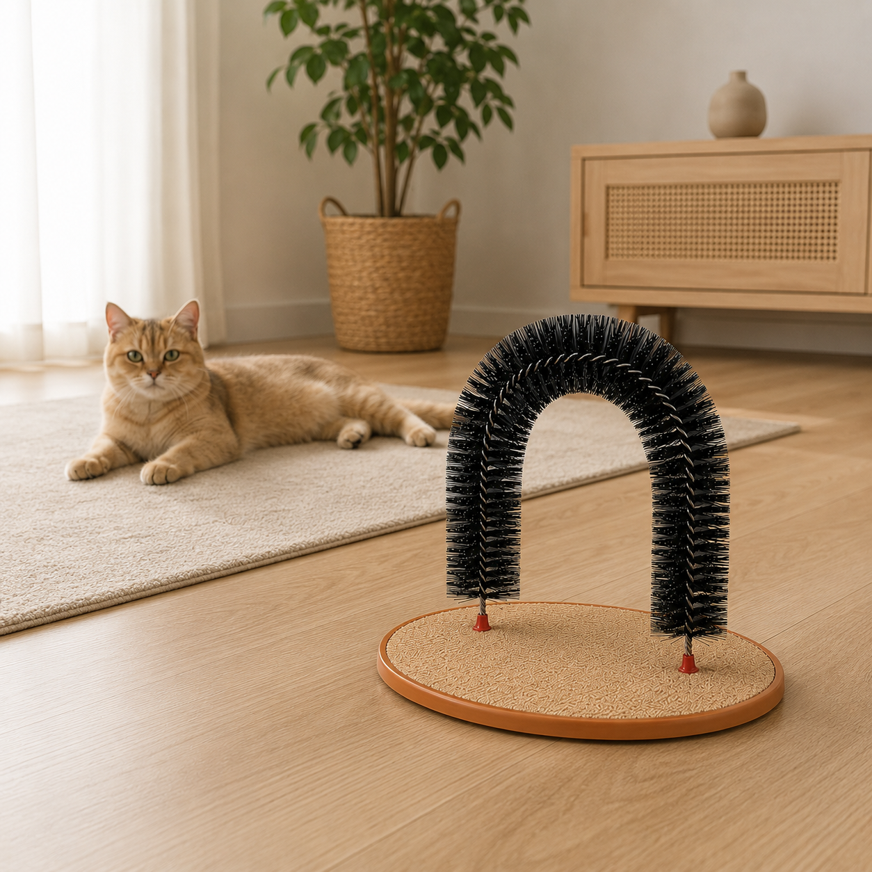 Arco Interativo para Gatos com Escova e Arranhador em ambiente doméstico, mostrando a escala real