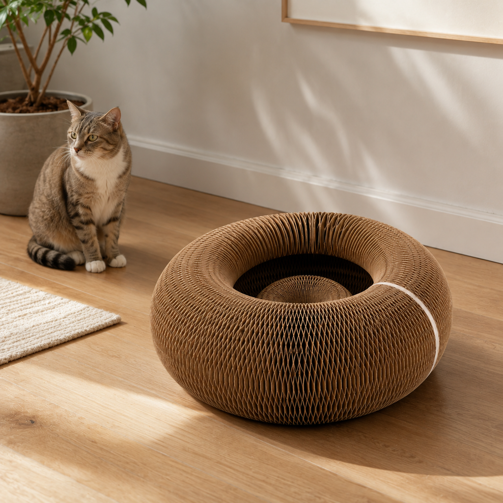 Arranhador Dobrável para Gatos em Papelão em ambiente doméstico, mostrando a escala real