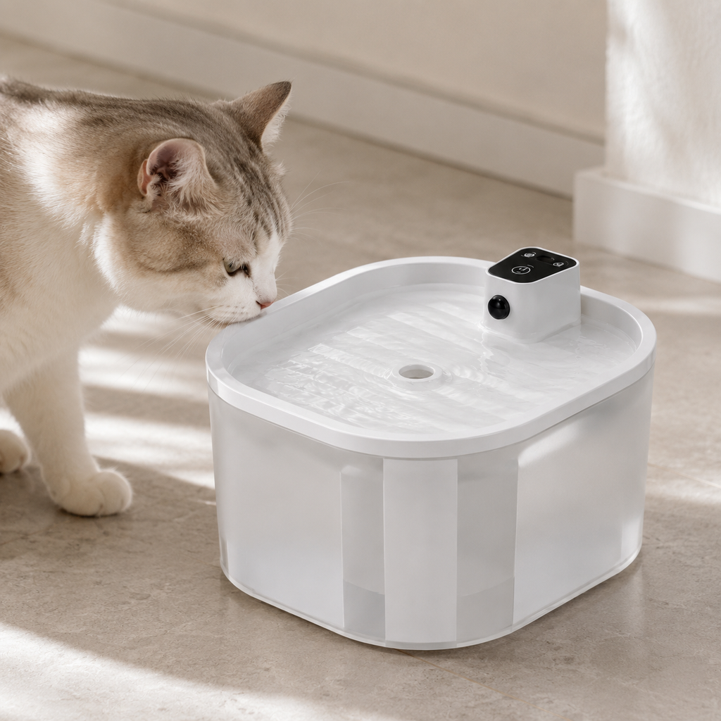 Bebedouro Automático 3.2L Fonte Silenciosa para Gatos em uso, demonstrando o funcionamento
