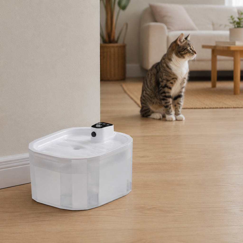 Bebedouro Automático 3.2L Fonte Silenciosa para Gatos em ambiente doméstico, mostrando a escala real