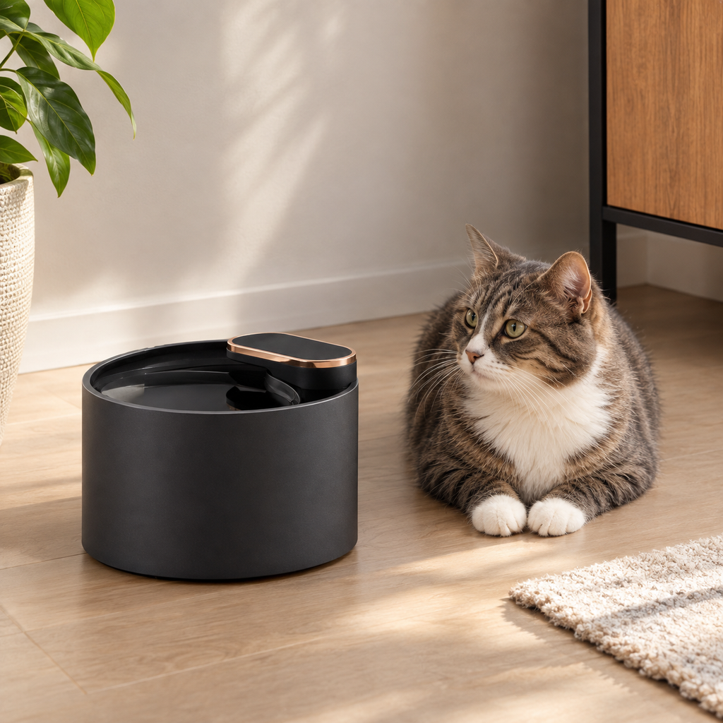 Bebedouro Automático com Filtro para Cães e Gatos em ambiente doméstico, mostrando a escala real