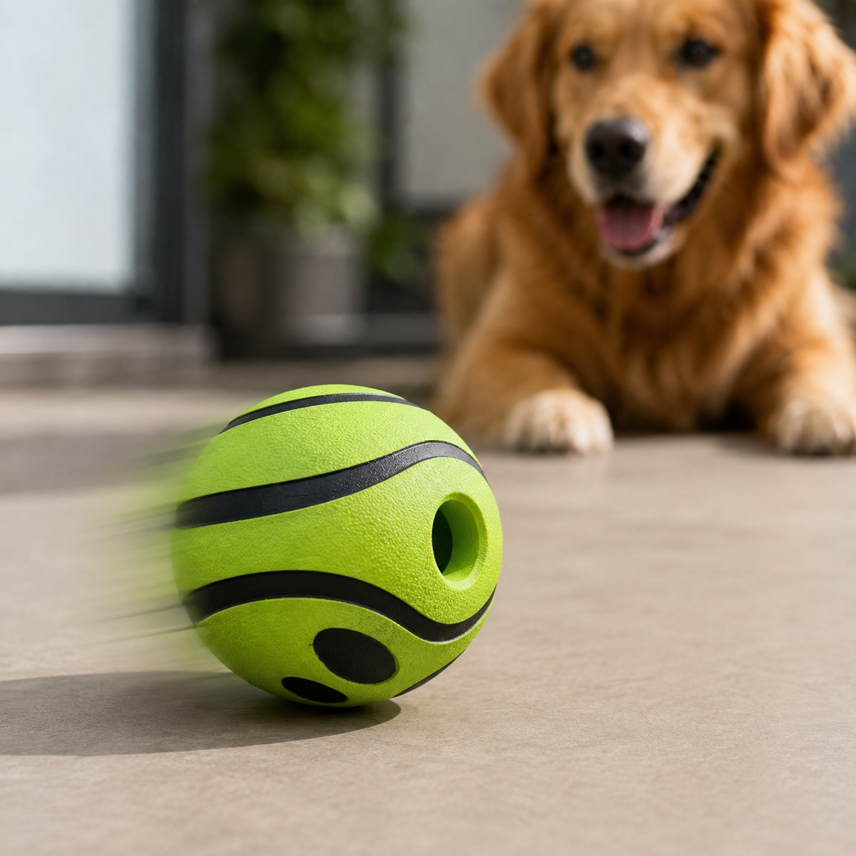 Bola Interativa para Cães com Som e Luz LED em uso, demonstrando o funcionamento