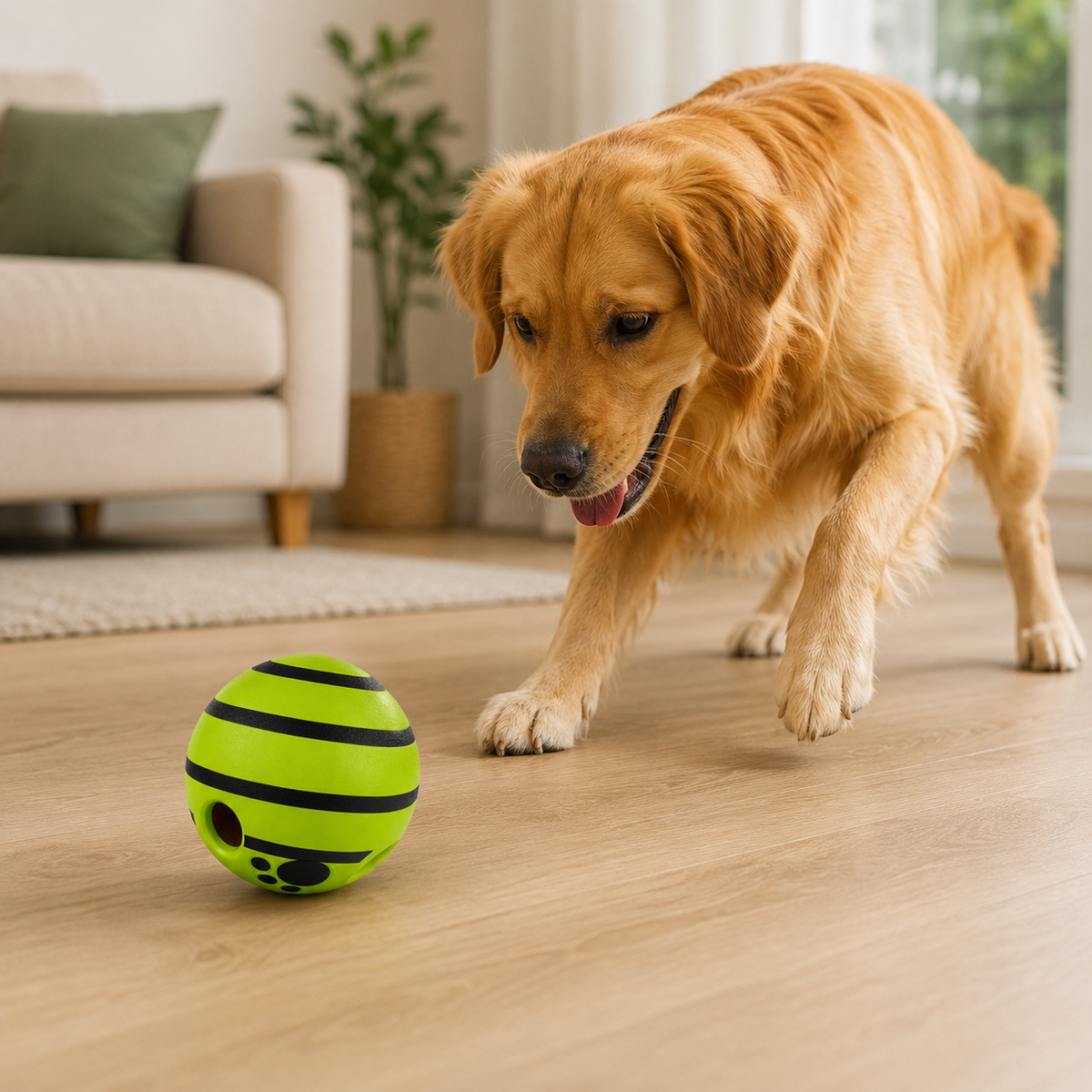 Bola Interativa para Cães com Som e Luz LED em ambiente doméstico, mostrando a escala real
