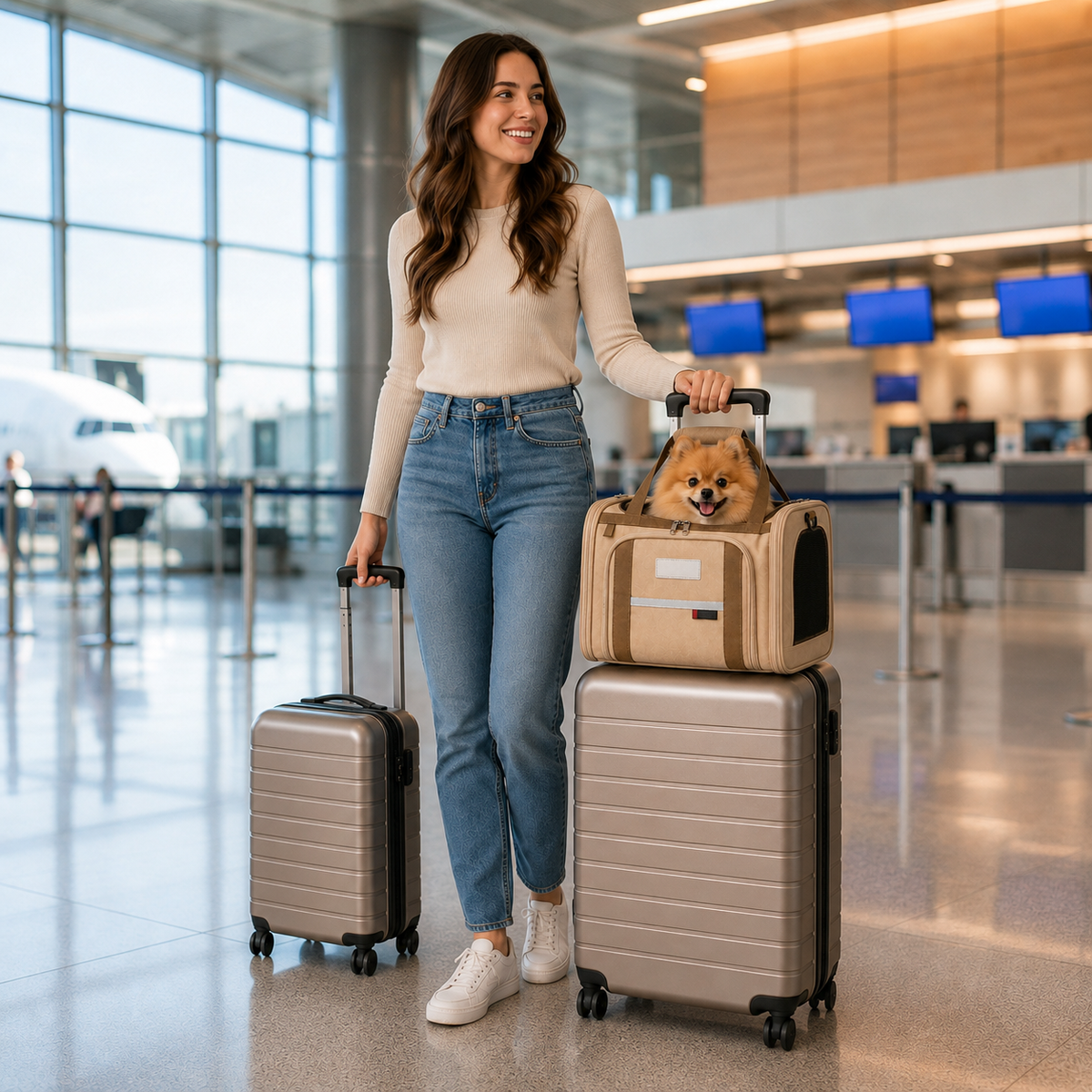 Bolsa de Transporte Pet Aprovada para Viagens Aéreas em ambiente doméstico, mostrando a escala real