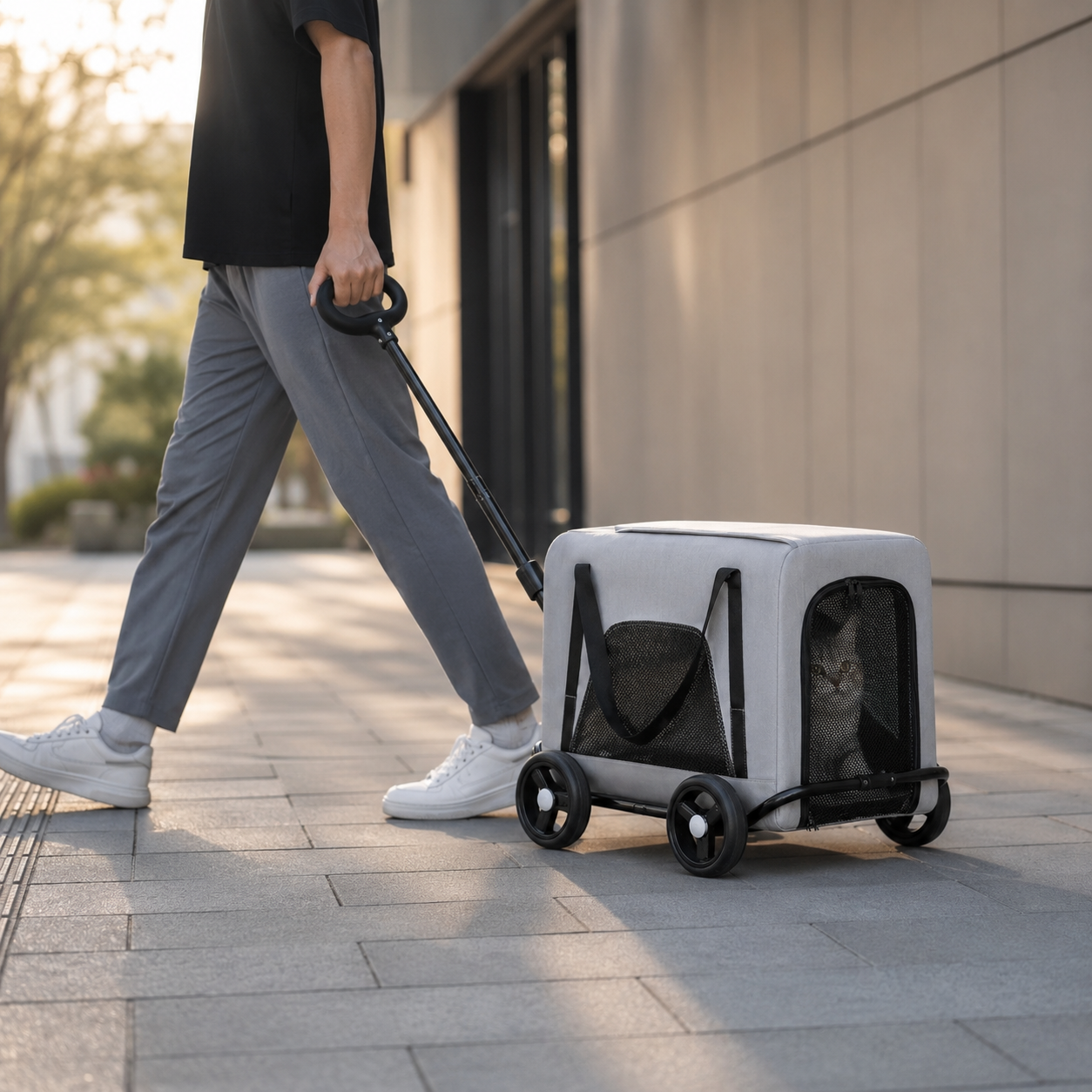 Bolsa de Transporte Pet Grande em Tecido Oxford em ambiente doméstico, mostrando a escala real