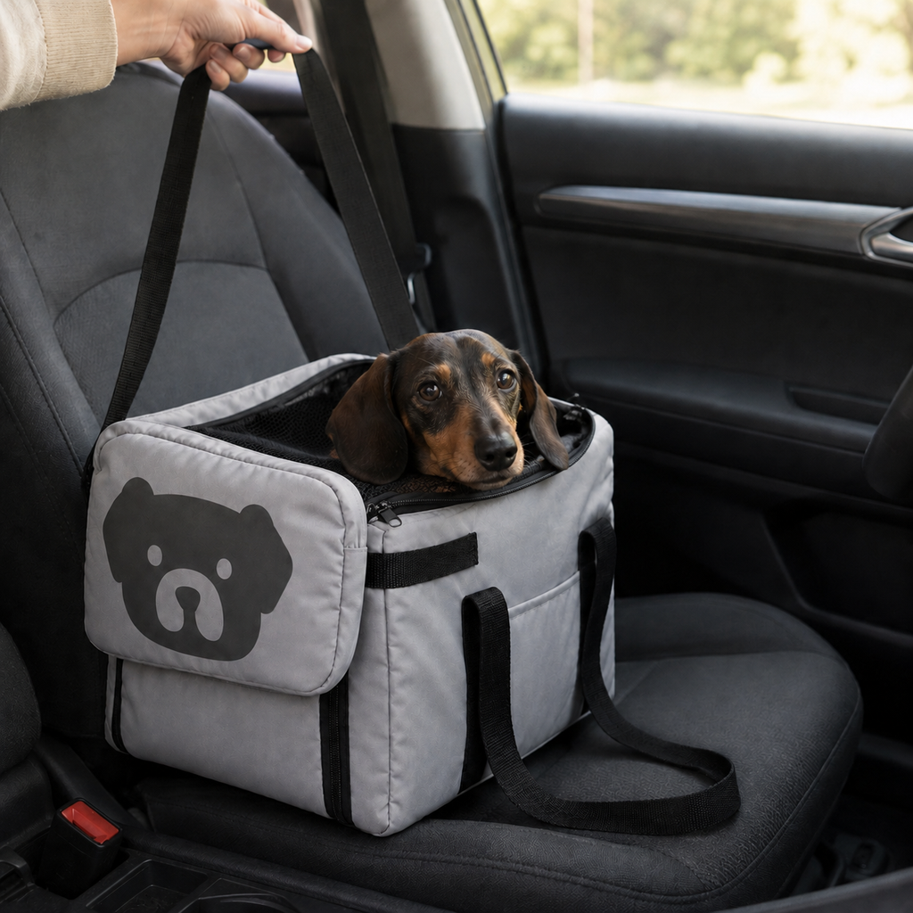 Cadeirinha de Carro para Pet em ambiente doméstico, mostrando a escala real