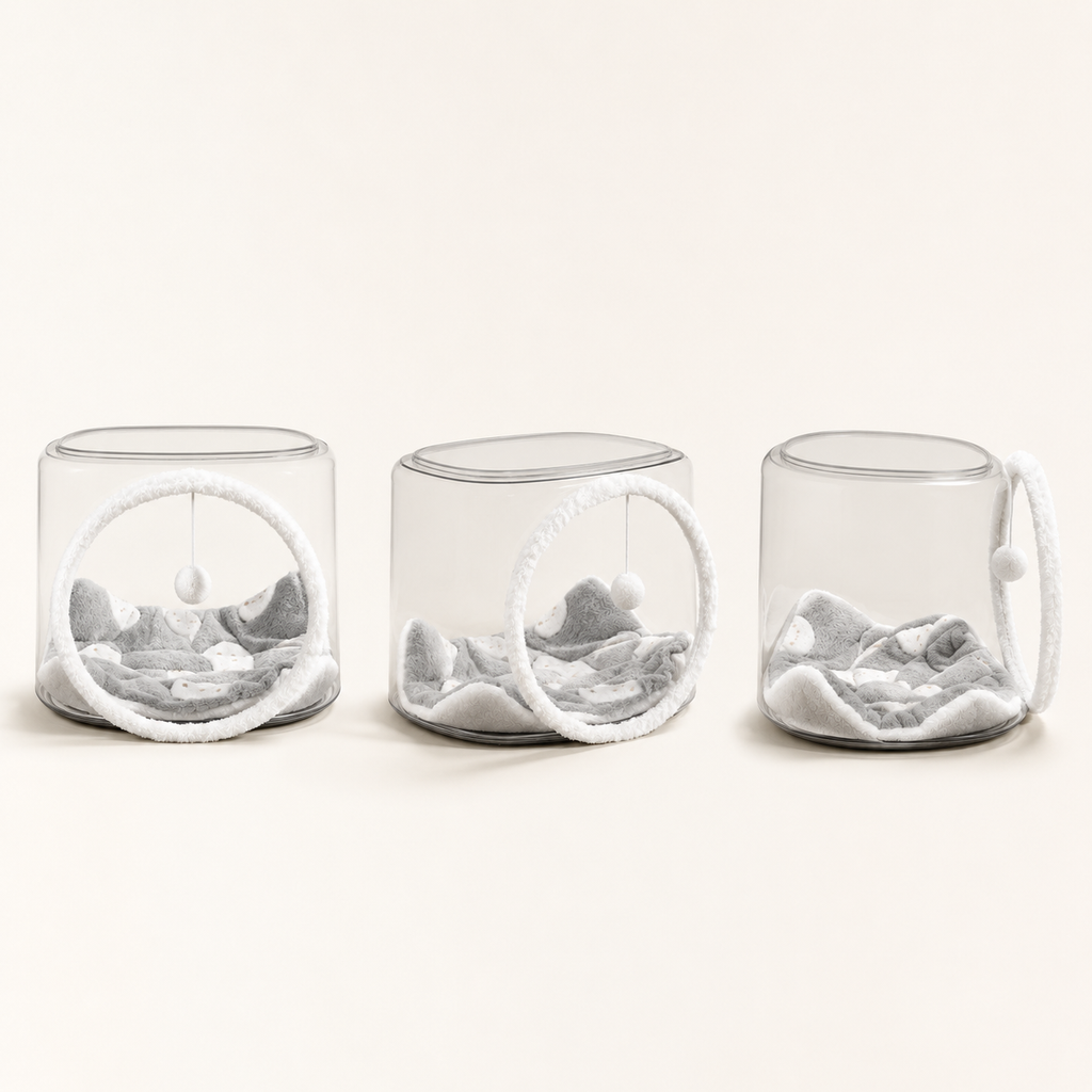 Cama Cápsula Espacial para Gatos Transparente — ângulos e variações em fundo branco