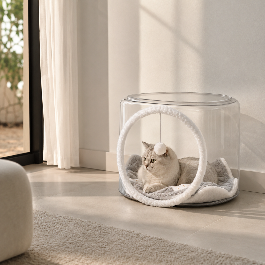 Cama Cápsula Espacial para Gatos Transparente em ambiente doméstico, mostrando a escala real
