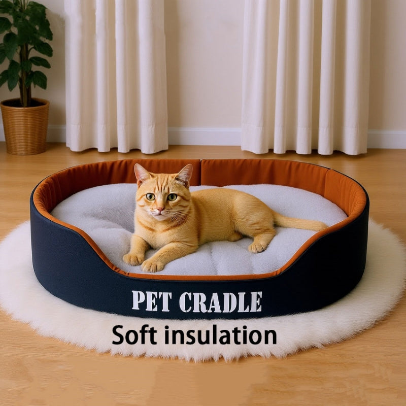 Cama para gatos nas cores azul escuro e cinza, vista de cima mostrando as dimensões de 60x40cm