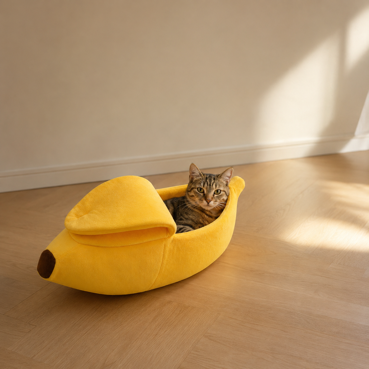 Cama Pet Banana Aconchegante para Inverno em uso, demonstrando o funcionamento