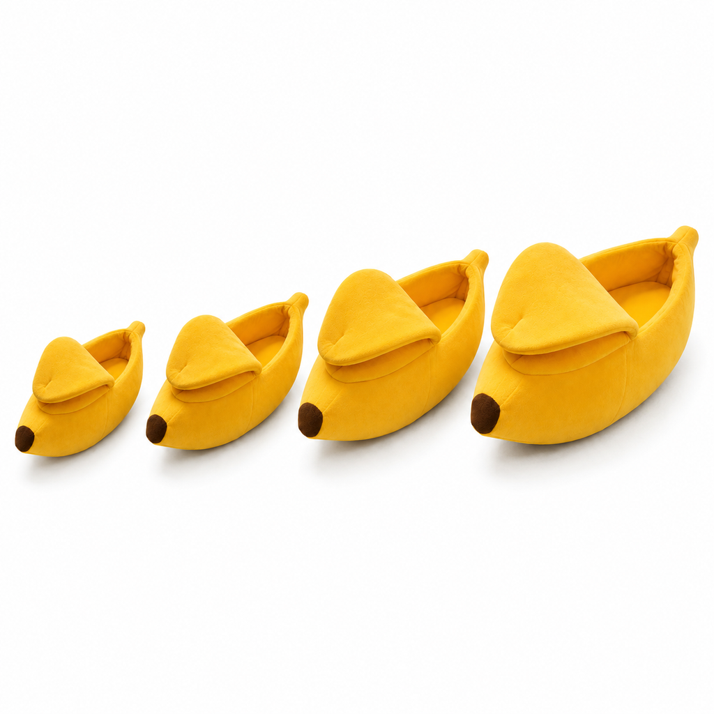 Cama Pet Banana Aconchegante para Inverno — ângulos e variações em fundo branco