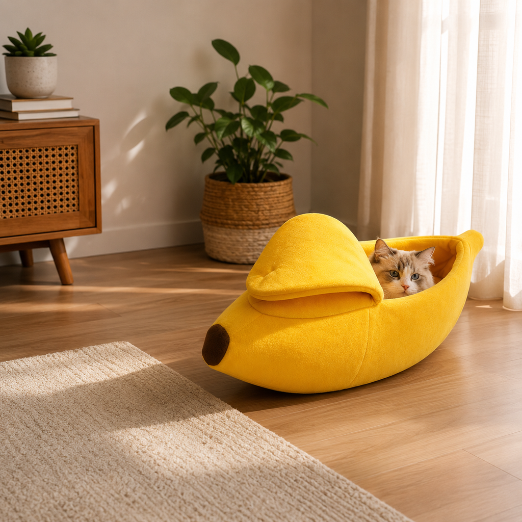 Cama Pet Banana Aconchegante para Inverno em ambiente doméstico, mostrando a escala real