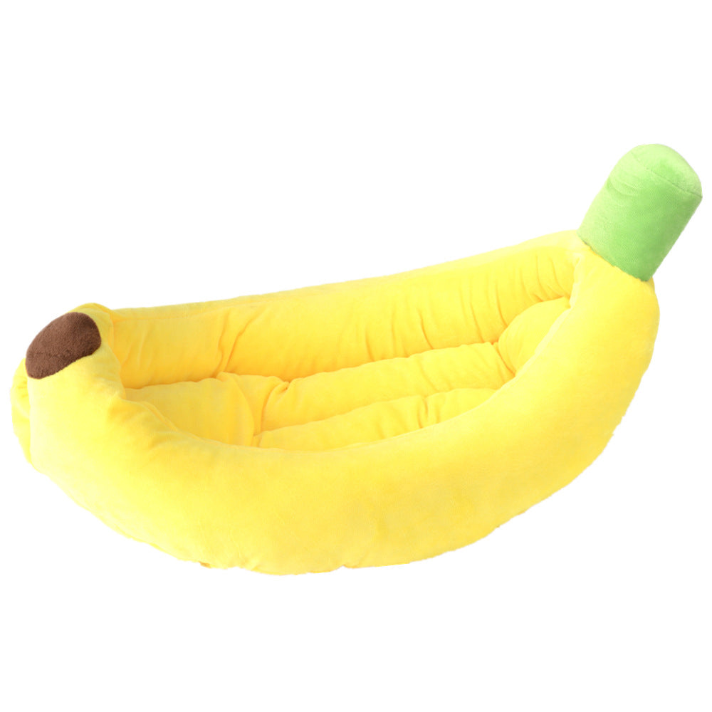 Cama pet no formato de banana com pelúcia amarela para descanso de cães e gatos