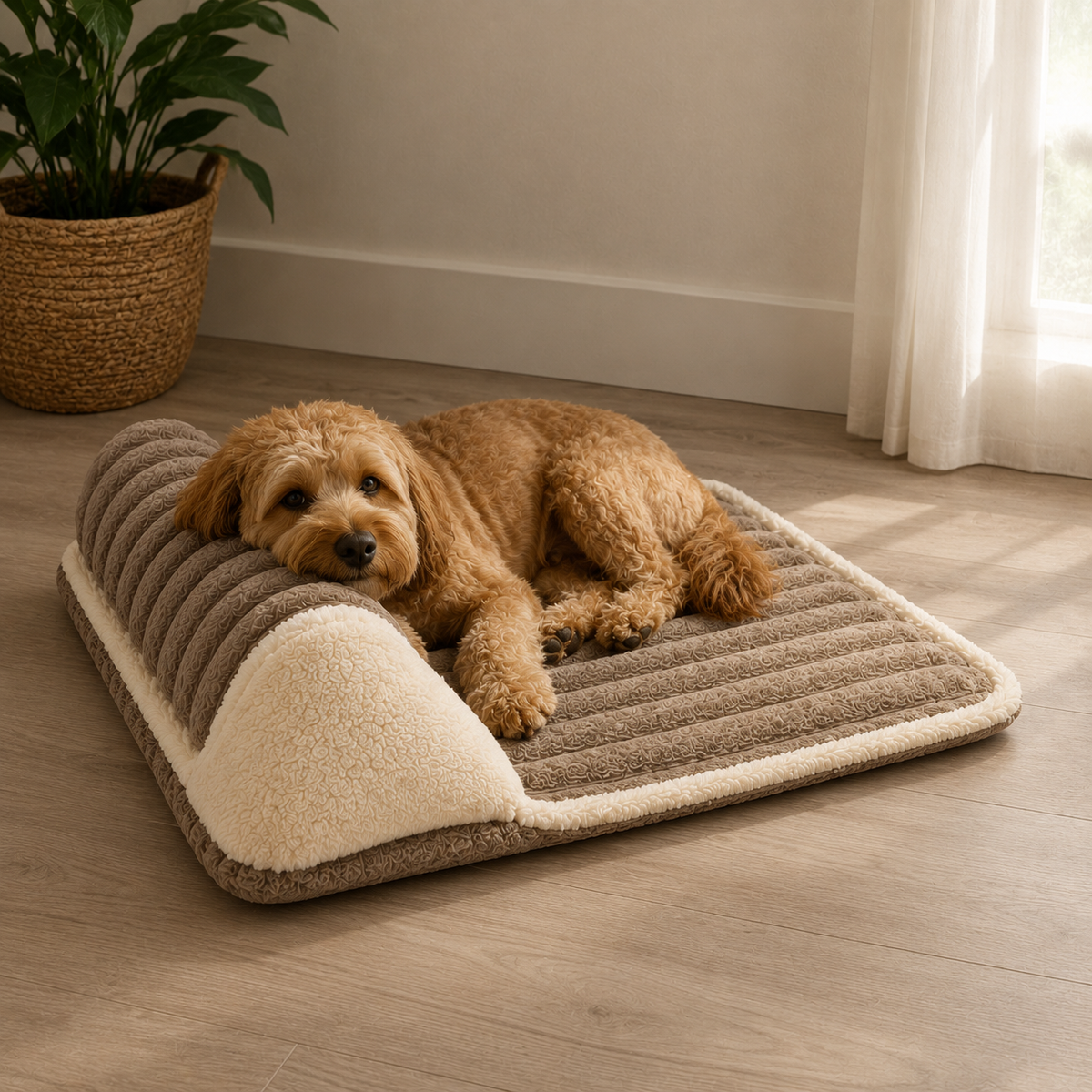 Cama Pet Lavável com Espuma de Memória para Cães em ambiente doméstico, mostrando a escala real