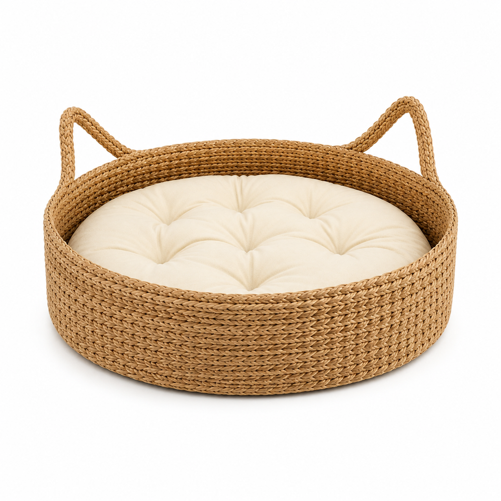 Cama Rattan para Gatos Donut com Almofada Aconchegante — vista frontal completa em fundo branco