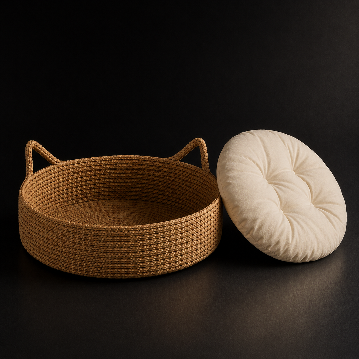 Cama Rattan para Gatos Donut com Almofada Aconchegante em uso, demonstrando o funcionamento