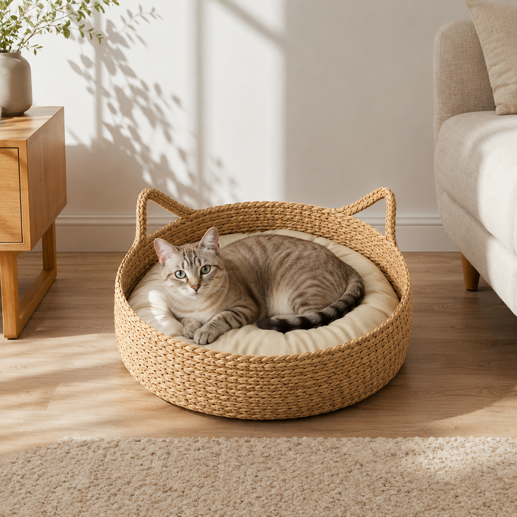 Cama Rattan para Gatos Donut com Almofada Aconchegante em ambiente doméstico, mostrando a escala real