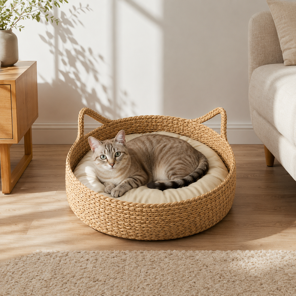 Cama Rattan para Gatos Donut com Almofada Aconchegante em ambiente doméstico, mostrando a escala real