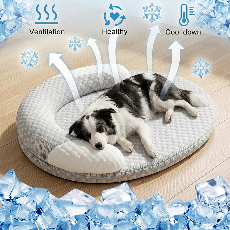Cama refrescante oval para pets com tecido gelado e estrutura respirável