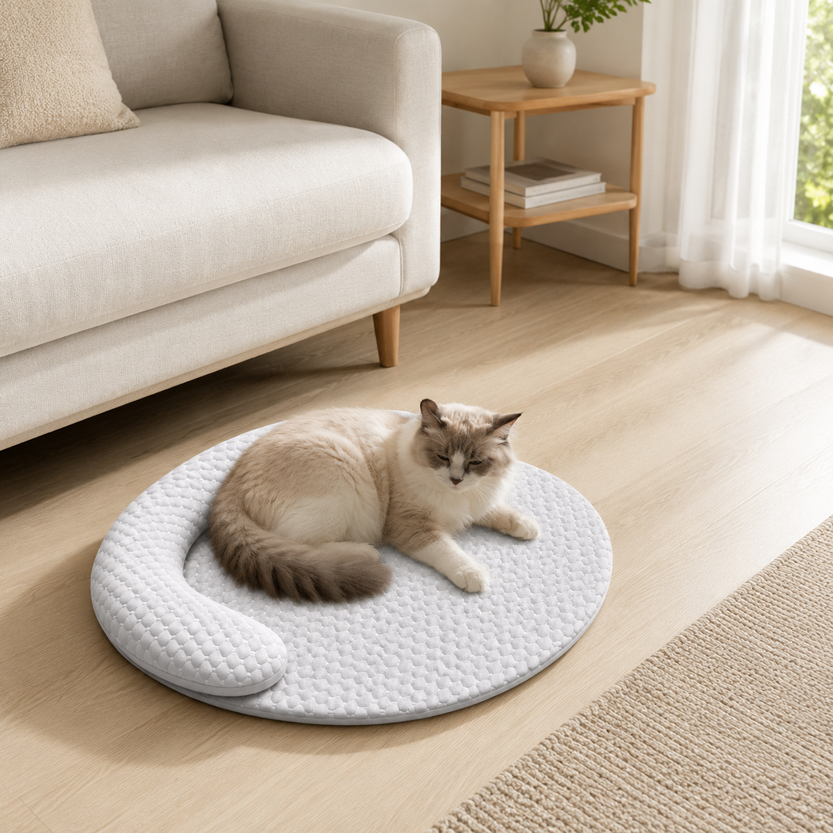 Cama Refrescante para Cães e Gatos | Tapete Gelado em ambiente doméstico, mostrando a escala real