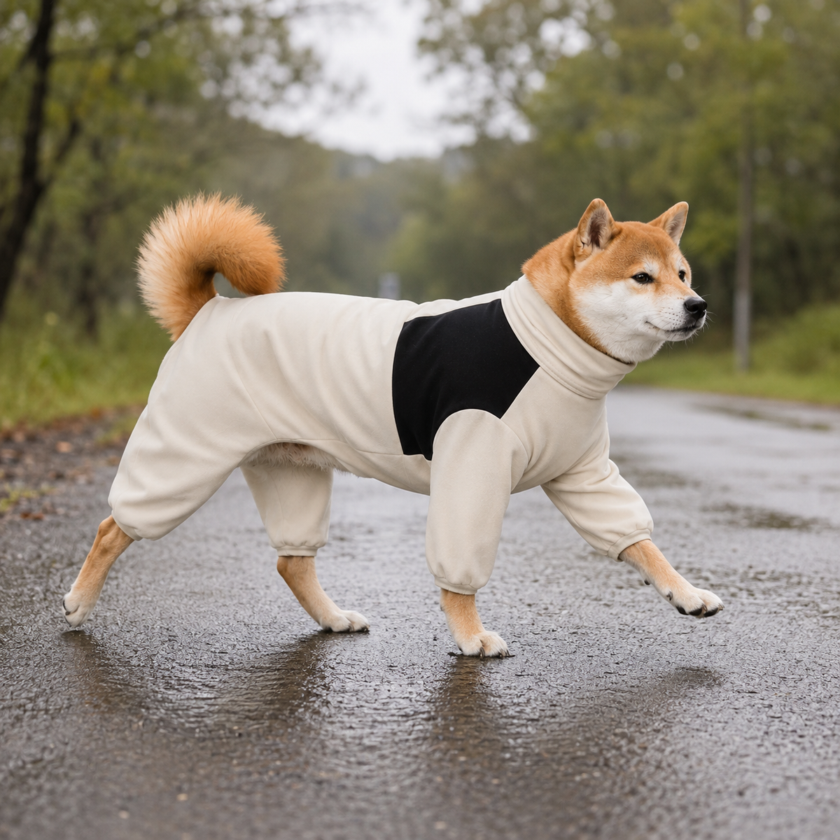 Capa de Chuva Impermeável para Cães de Todos os Portes em uso, demonstrando o funcionamento