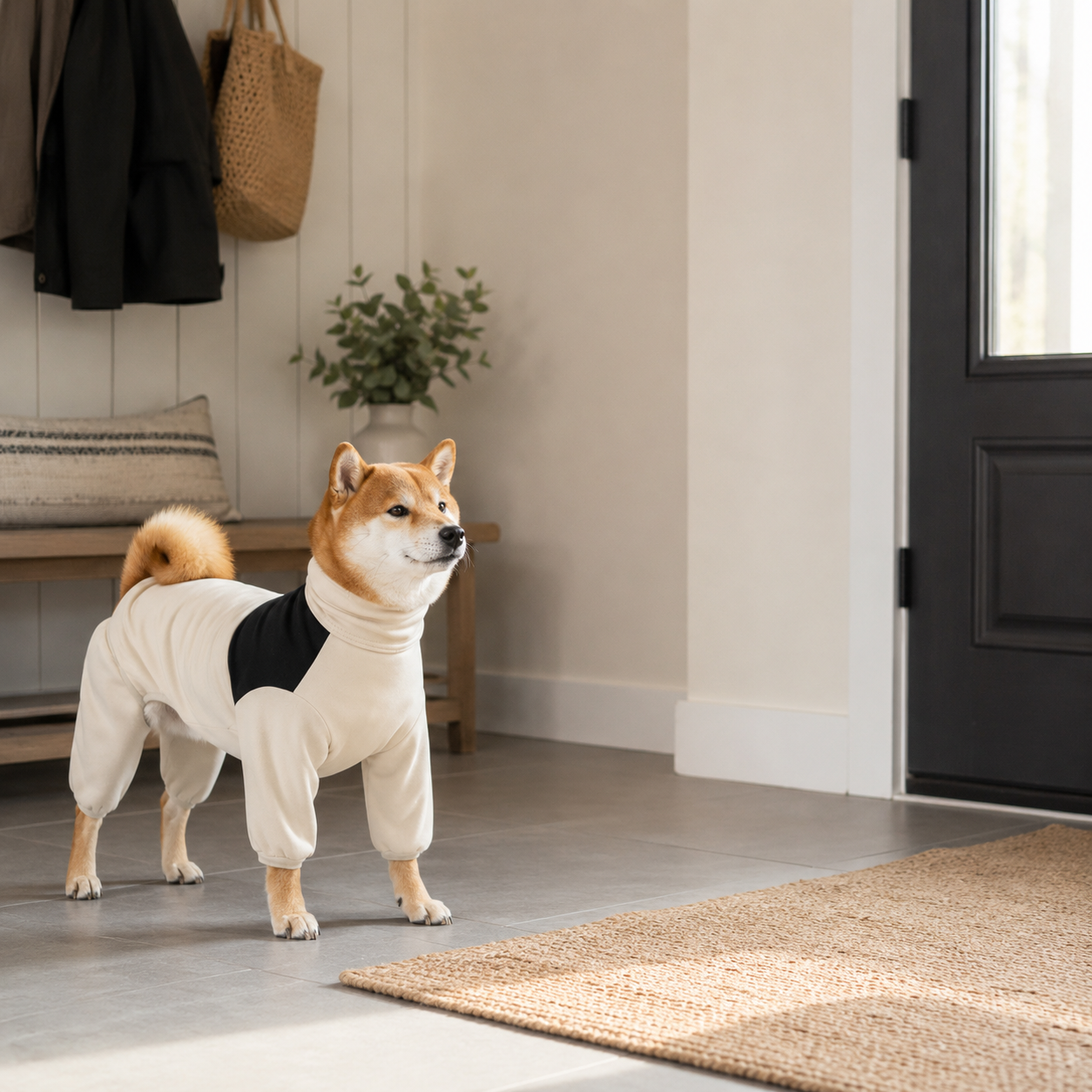 Capa de Chuva Impermeável para Cães de Todos os Portes em ambiente doméstico, mostrando a escala real