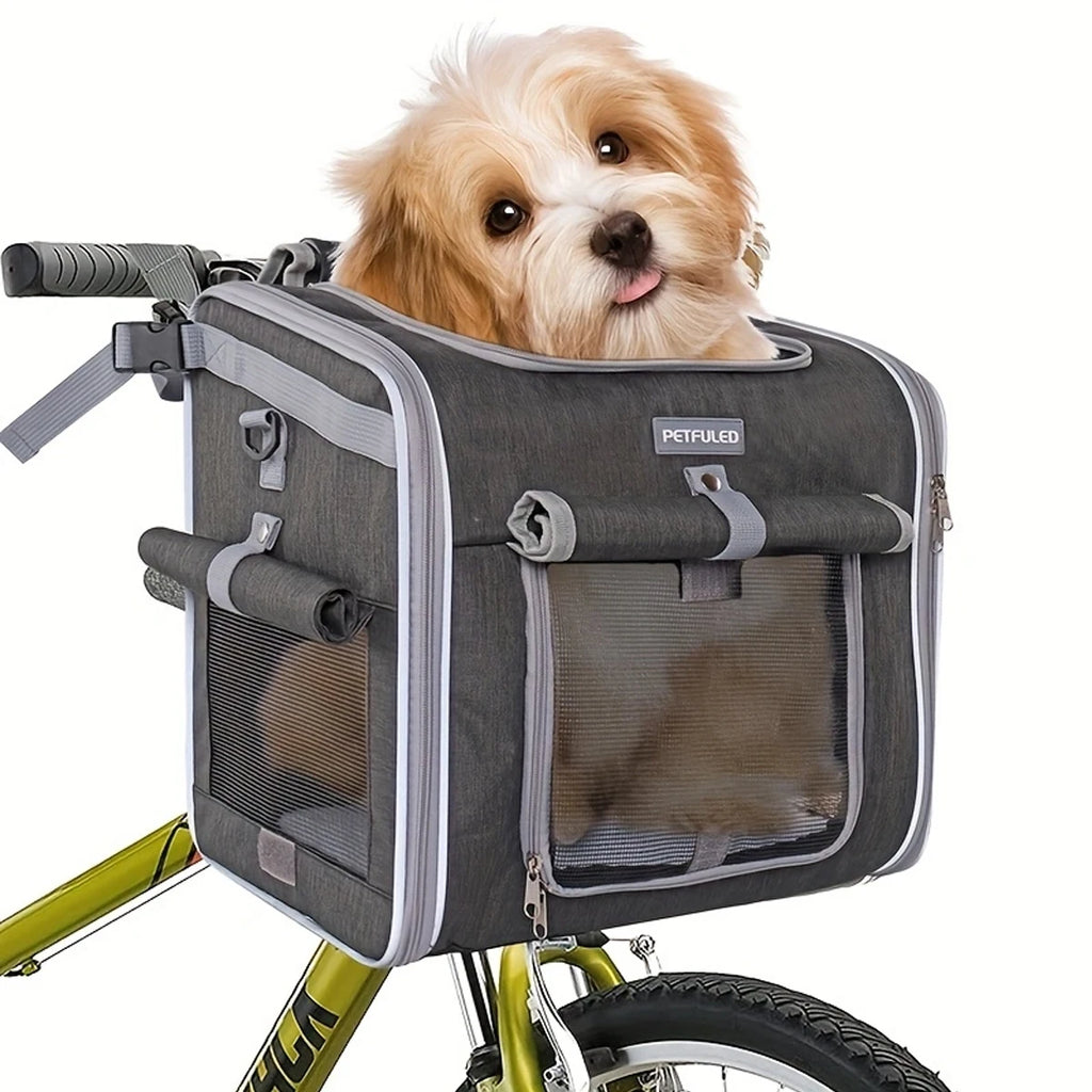 Cesta transportadora de bicicleta para pets com estrutura expansível e fixação no guidão.