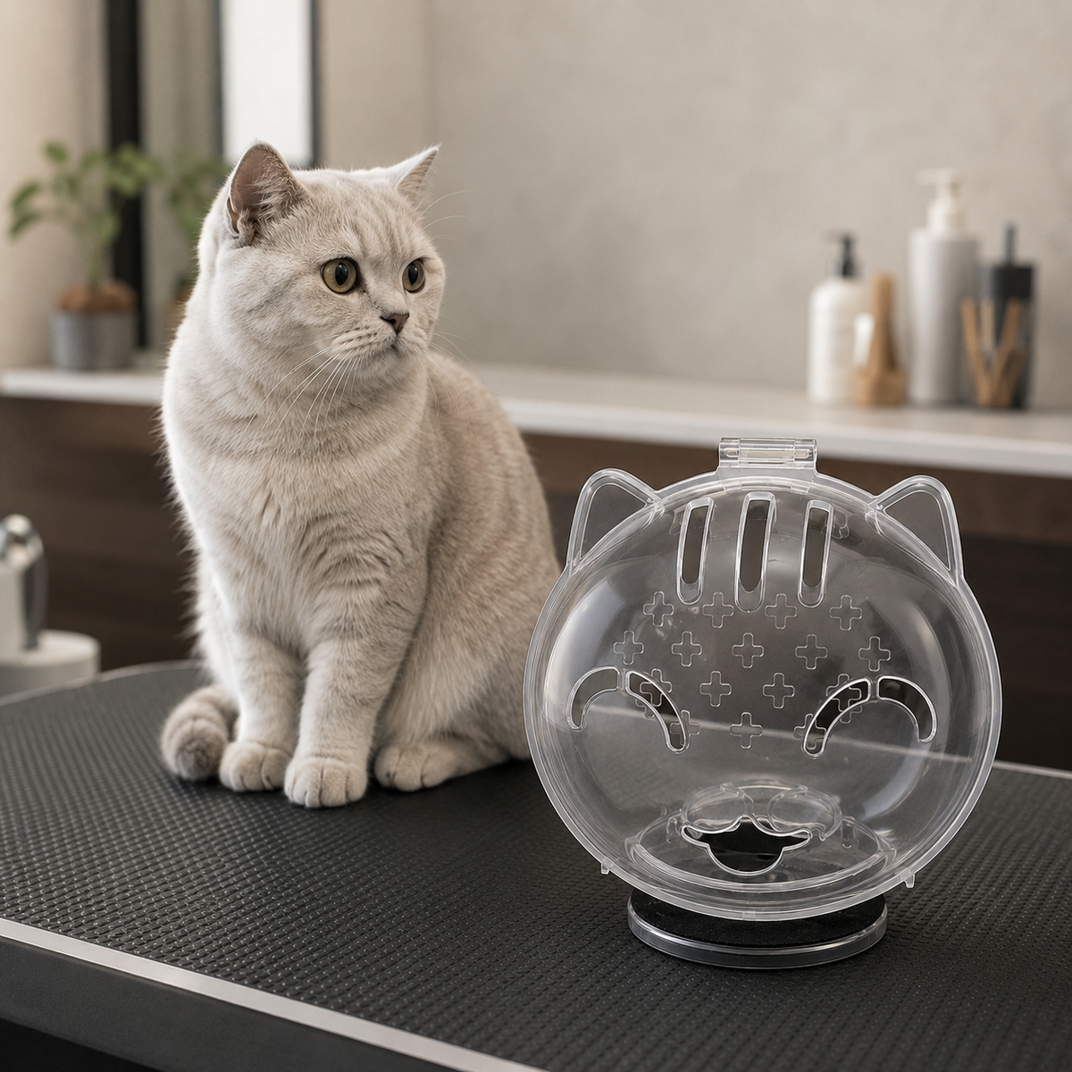 Coleira Inflável Protetora Anti-Arranhões para Gatos em uso, demonstrando o funcionamento