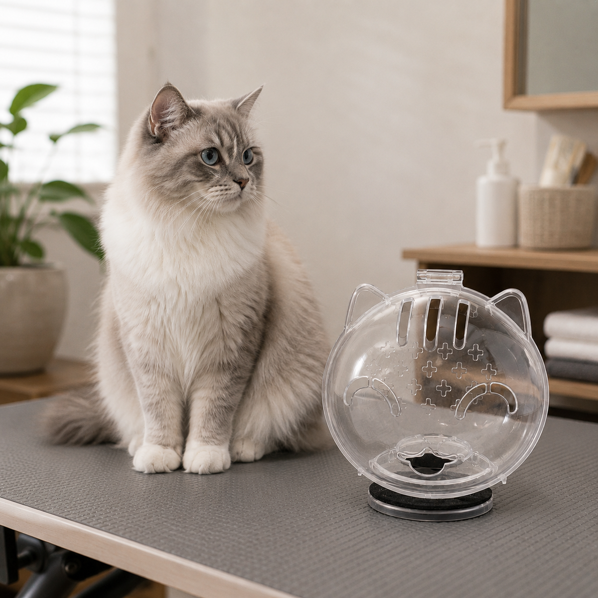 Coleira Inflável Protetora Anti-Arranhões para Gatos em ambiente doméstico, mostrando a escala real