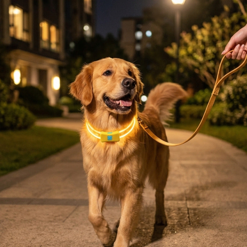 Coleira LED recarregável para cães acesa em ambiente escuro demonstrando a alta visibilidade noturna.
