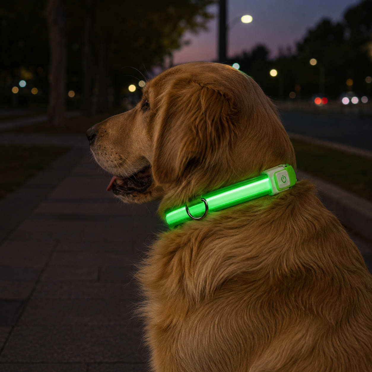 Coleira LED Recarregável para Cães: Visão Noturna em uso, demonstrando o funcionamento