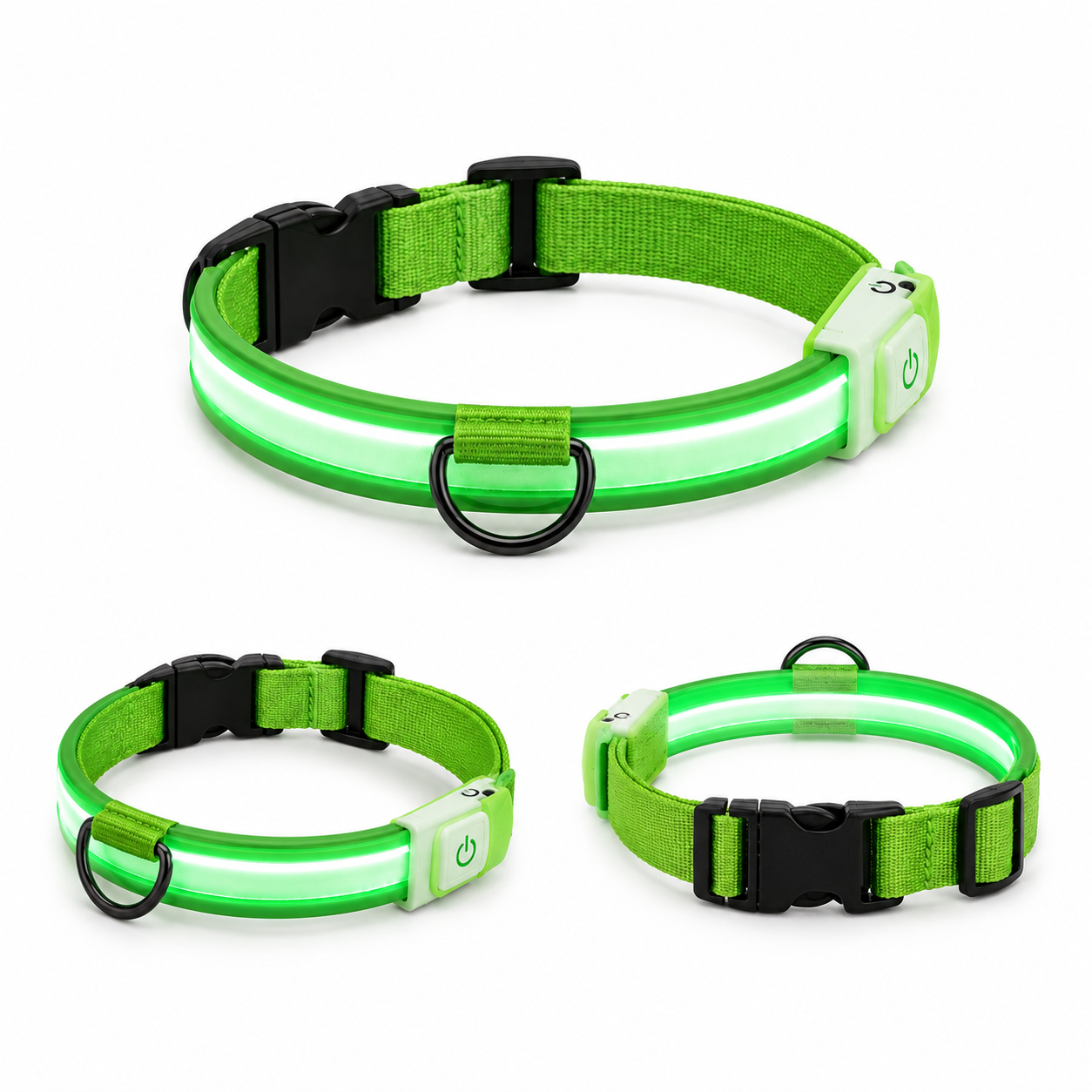 Coleira LED Recarregável para Cães: Visão Noturna — ângulos e variações em fundo branco