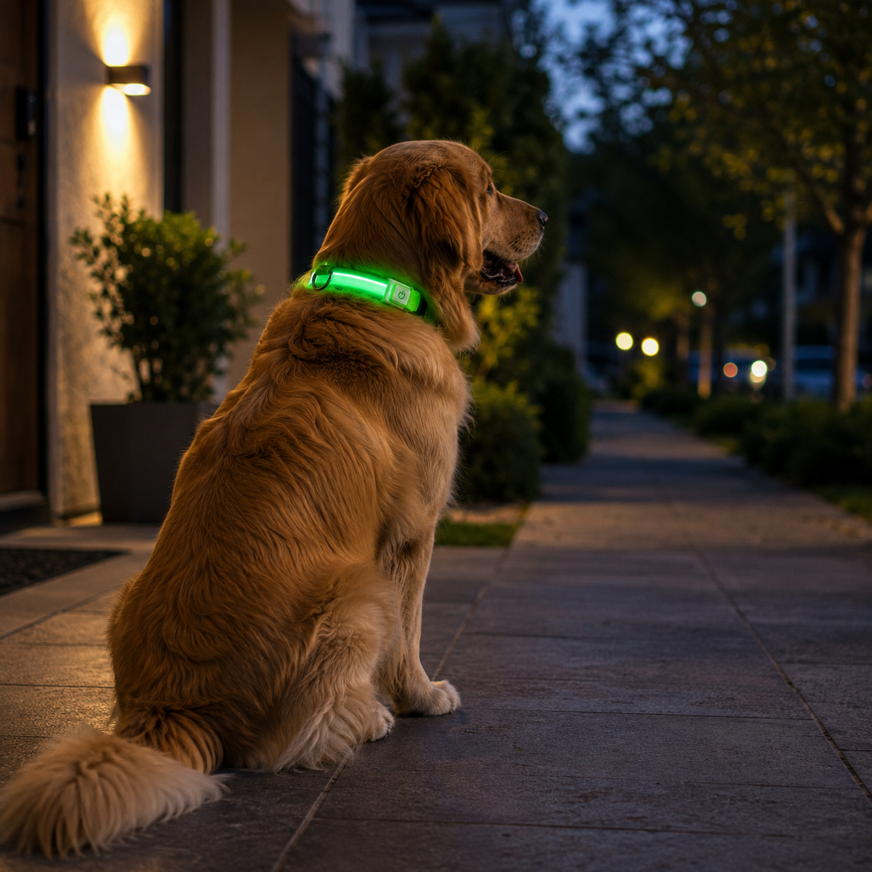 Coleira LED Recarregável para Cães: Visão Noturna em ambiente doméstico, mostrando a escala real