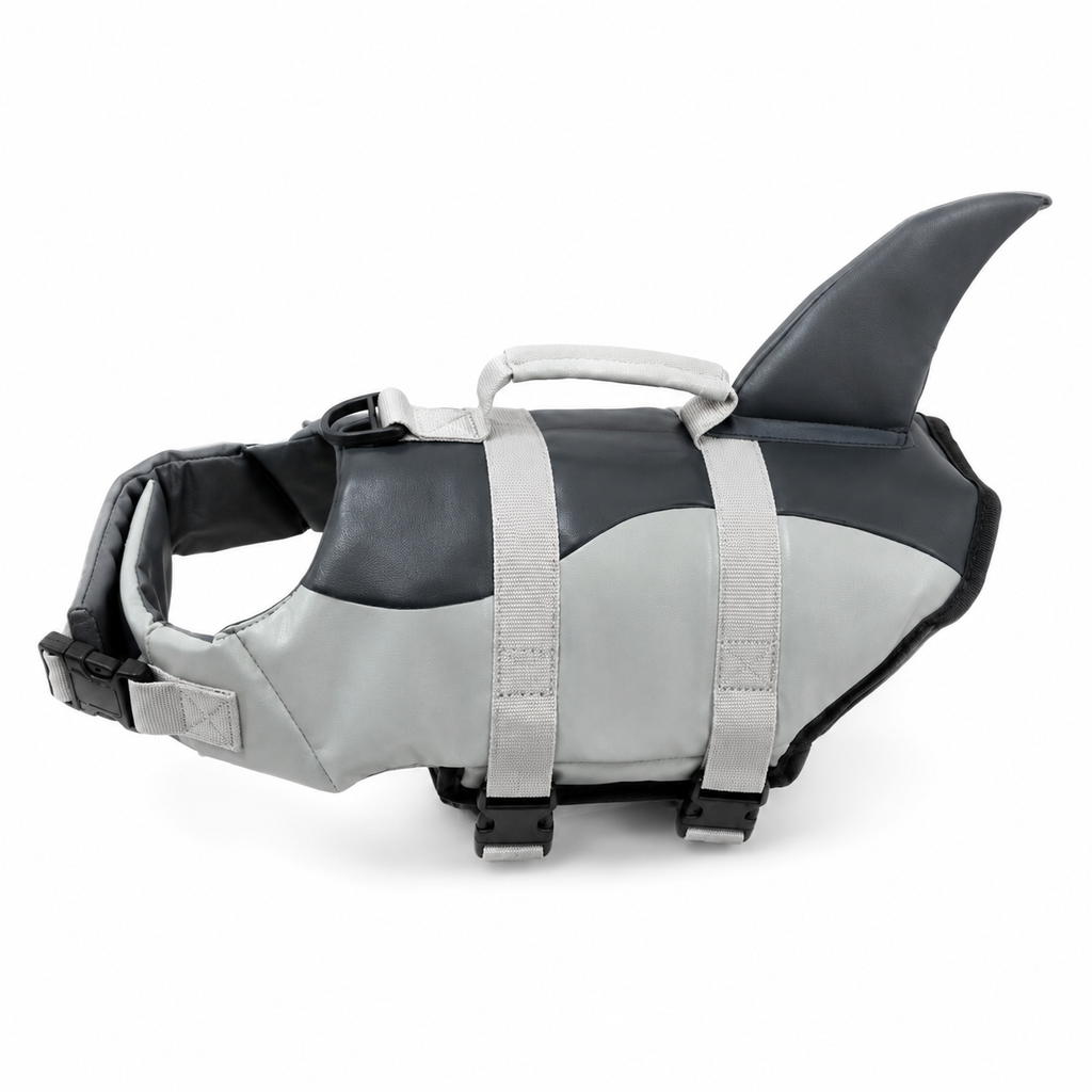 Colete de Natação para Cães com Design de Tubarão — vista frontal completa em fundo branco