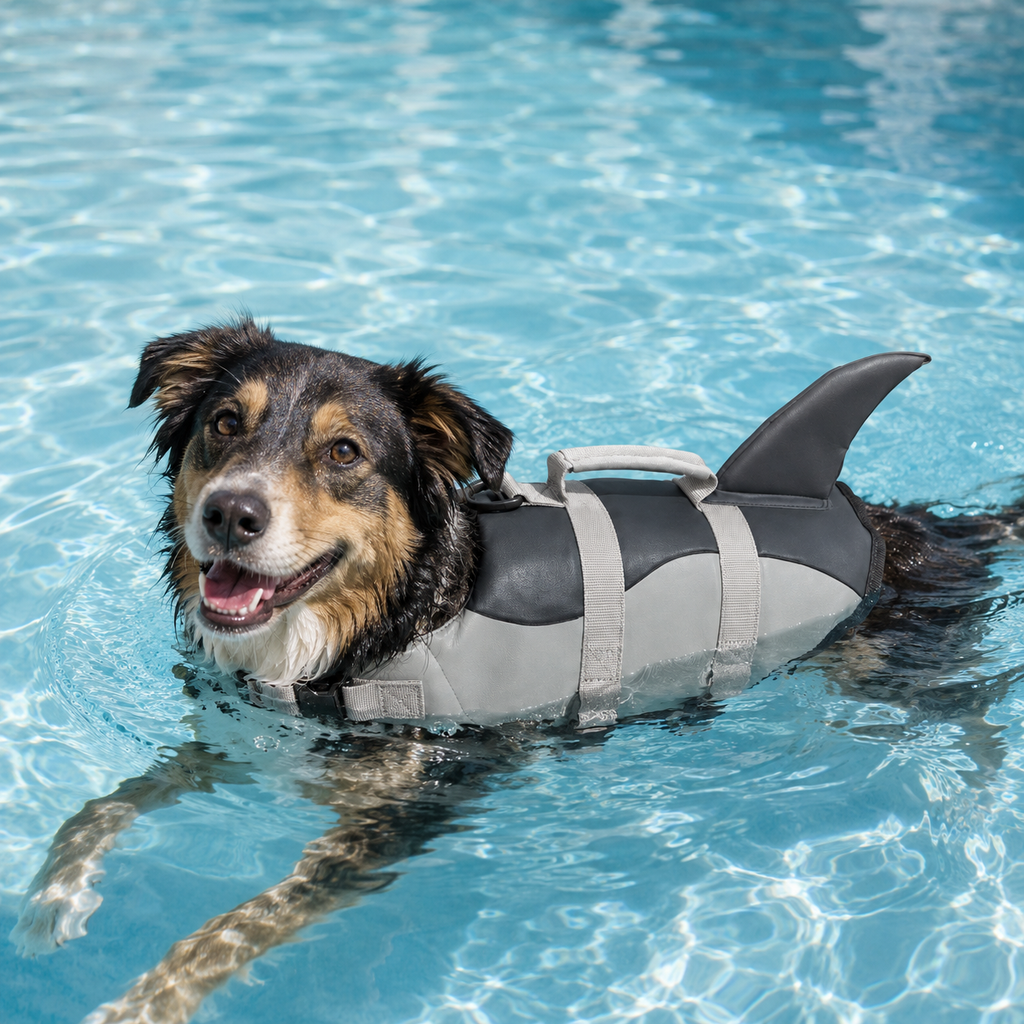 Colete de Natação para Cães com Design de Tubarão em uso, demonstrando o funcionamento