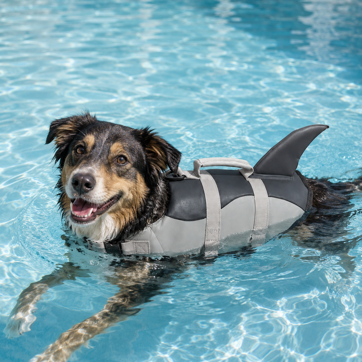 Colete de Natação para Cães com Design de Tubarão em uso, demonstrando o funcionamento