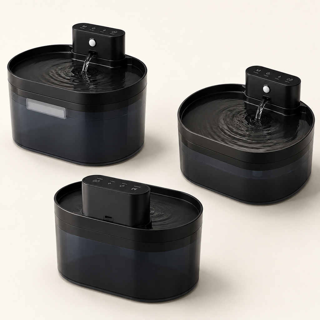 Fonte de Água Sem Fio 2,2L com Sensor para Gatos — ângulos e variações em fundo branco