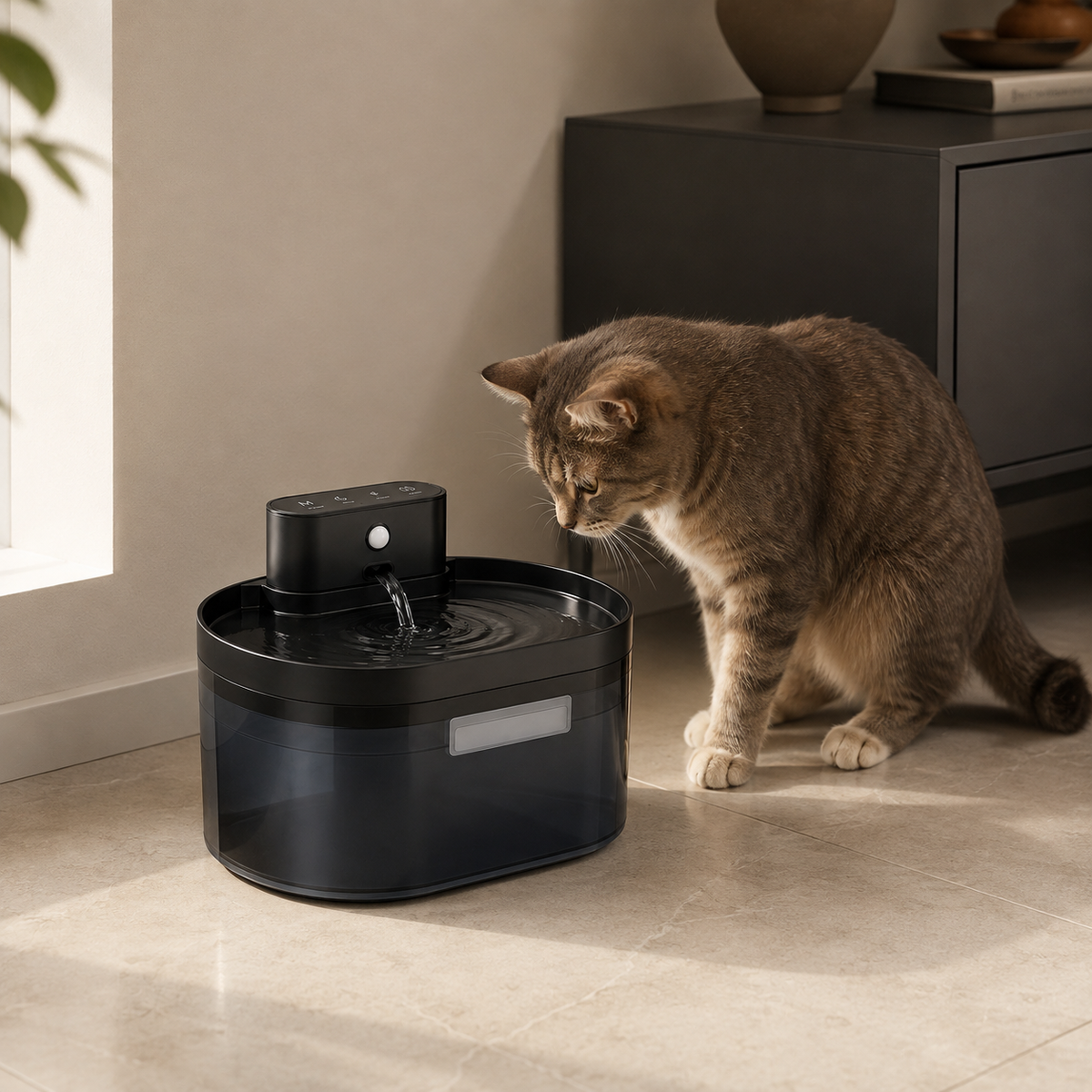 Fonte de Água Sem Fio 2,2L com Sensor para Gatos em ambiente doméstico, mostrando a escala real