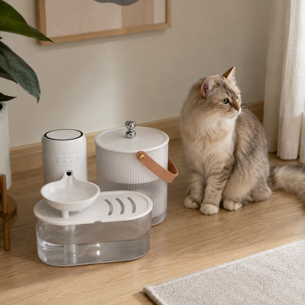 Fonte de Água Sem Fio Inclinável 2600mAh para Pets em uso, demonstrando o funcionamento