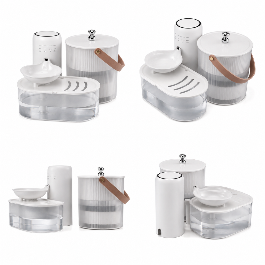 Fonte de Água Sem Fio Inclinável 2600mAh para Pets — ângulos e variações em fundo branco