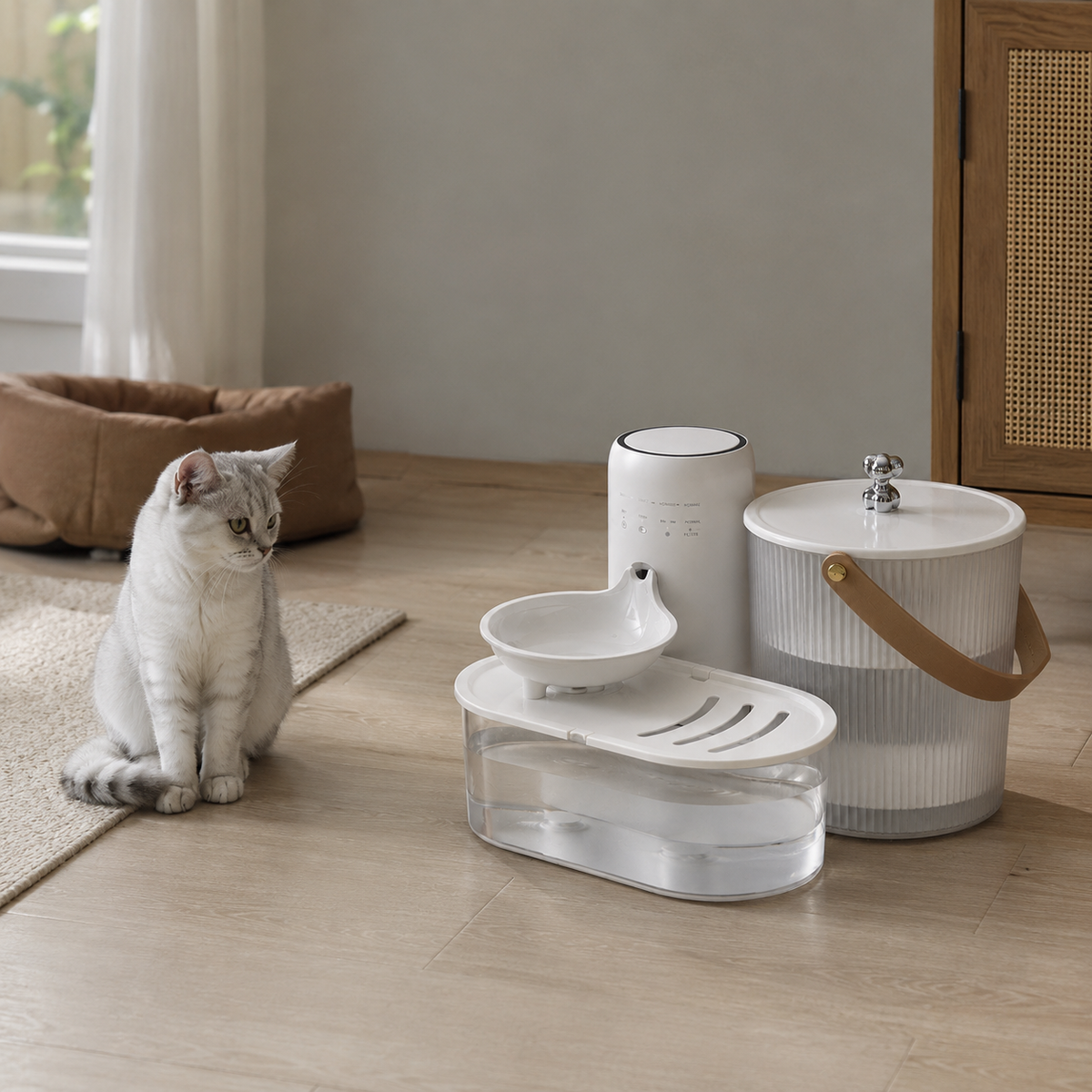 Fonte de Água Sem Fio Inclinável 2600mAh para Pets em ambiente doméstico, mostrando a escala real