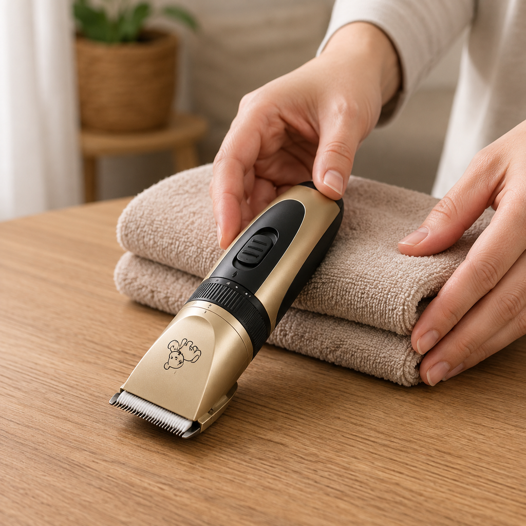 Kit Higiene Pet: Tosador e Lixador de Unhas Elétrico em ambiente doméstico, mostrando a escala real